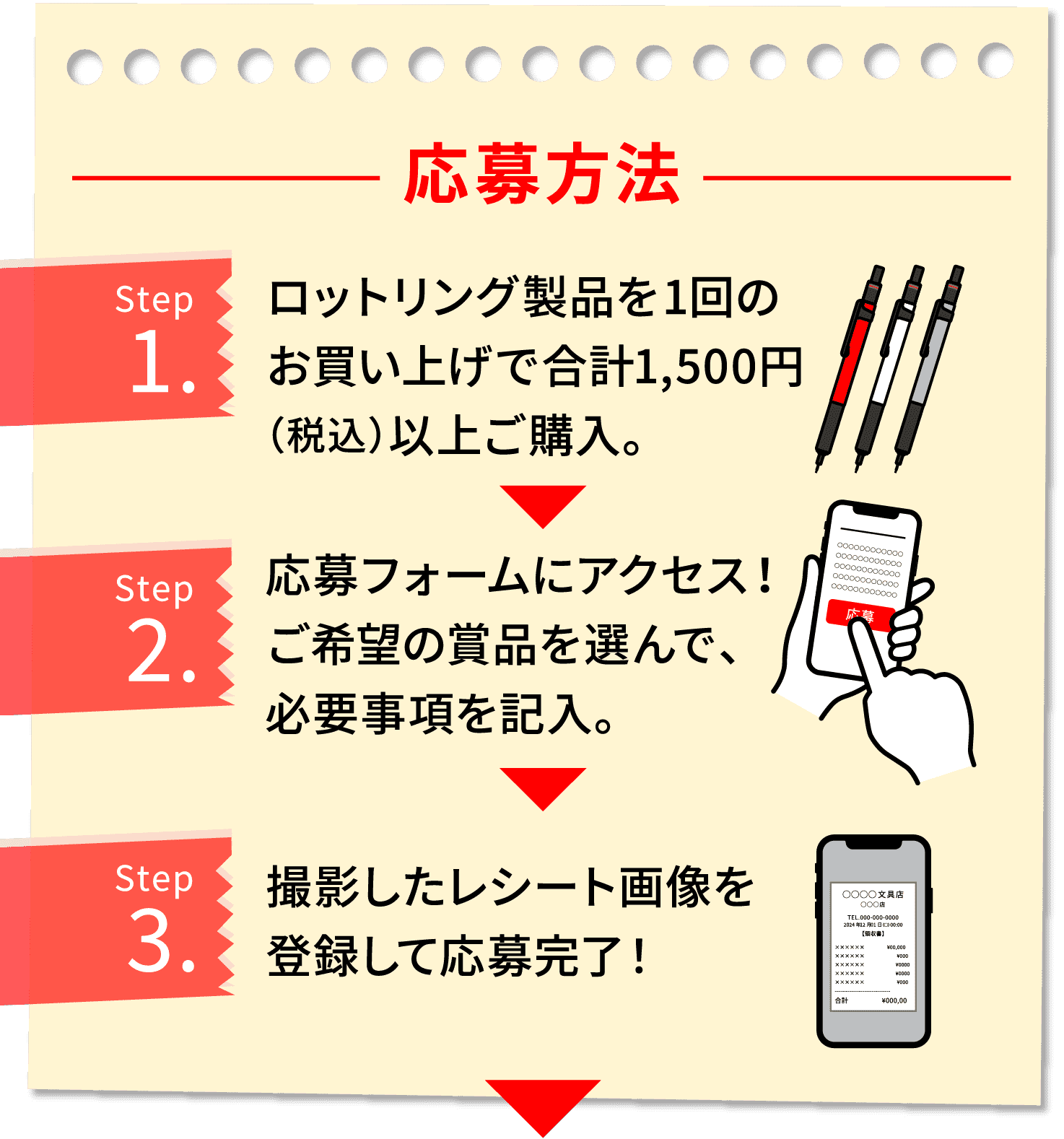 応募方法 Step1：ロットリング製品を​1回のお買い上げで​合計1,500円（税込）以上ご購入。 Step2：応募フォームにアクセス！必要事項を記入。 Step3：撮影したレシート画像を登録して応募完了！